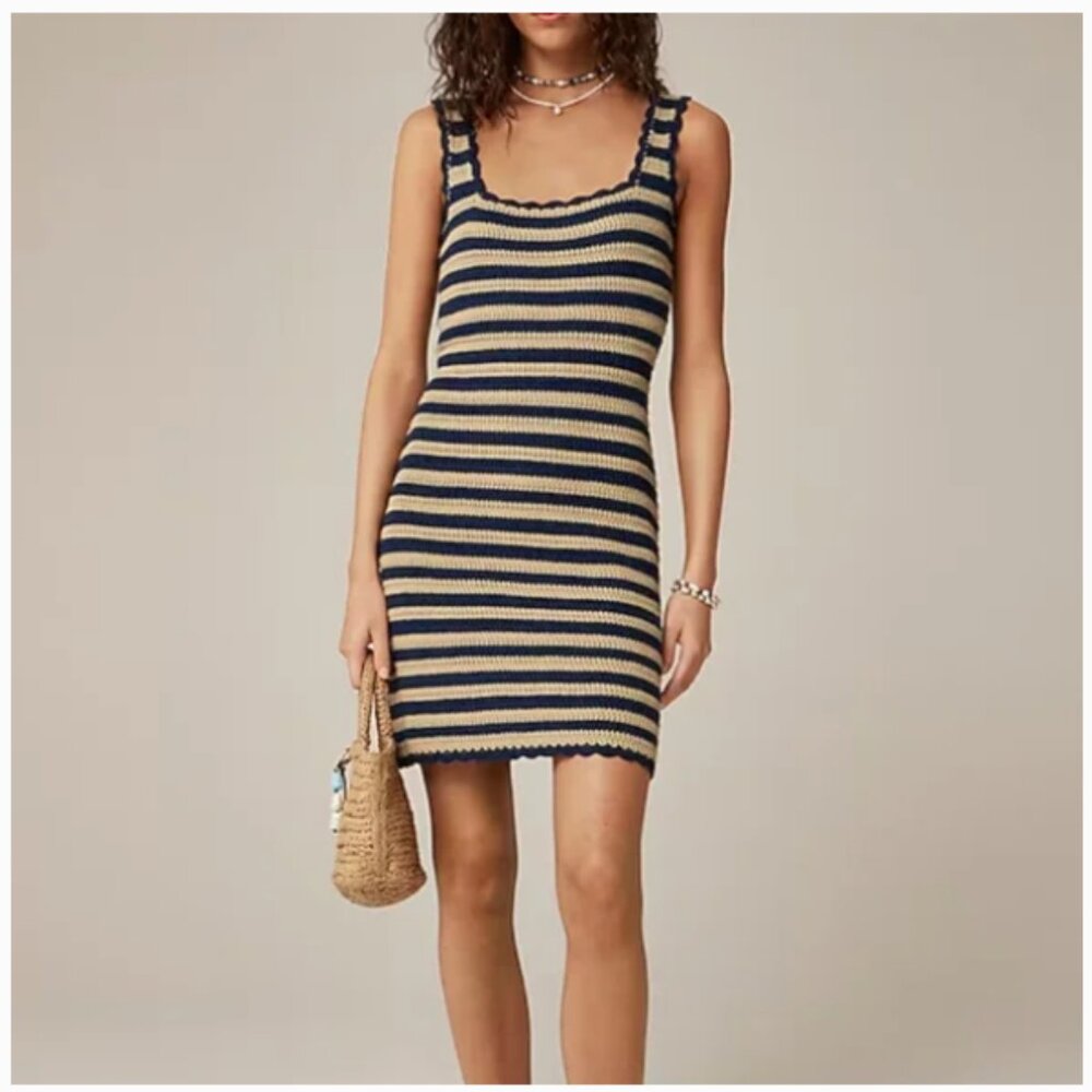 J. Crew Scallop-Trim Sweater Knit Dress Tank Stripe Beige Evening Navy Women's M